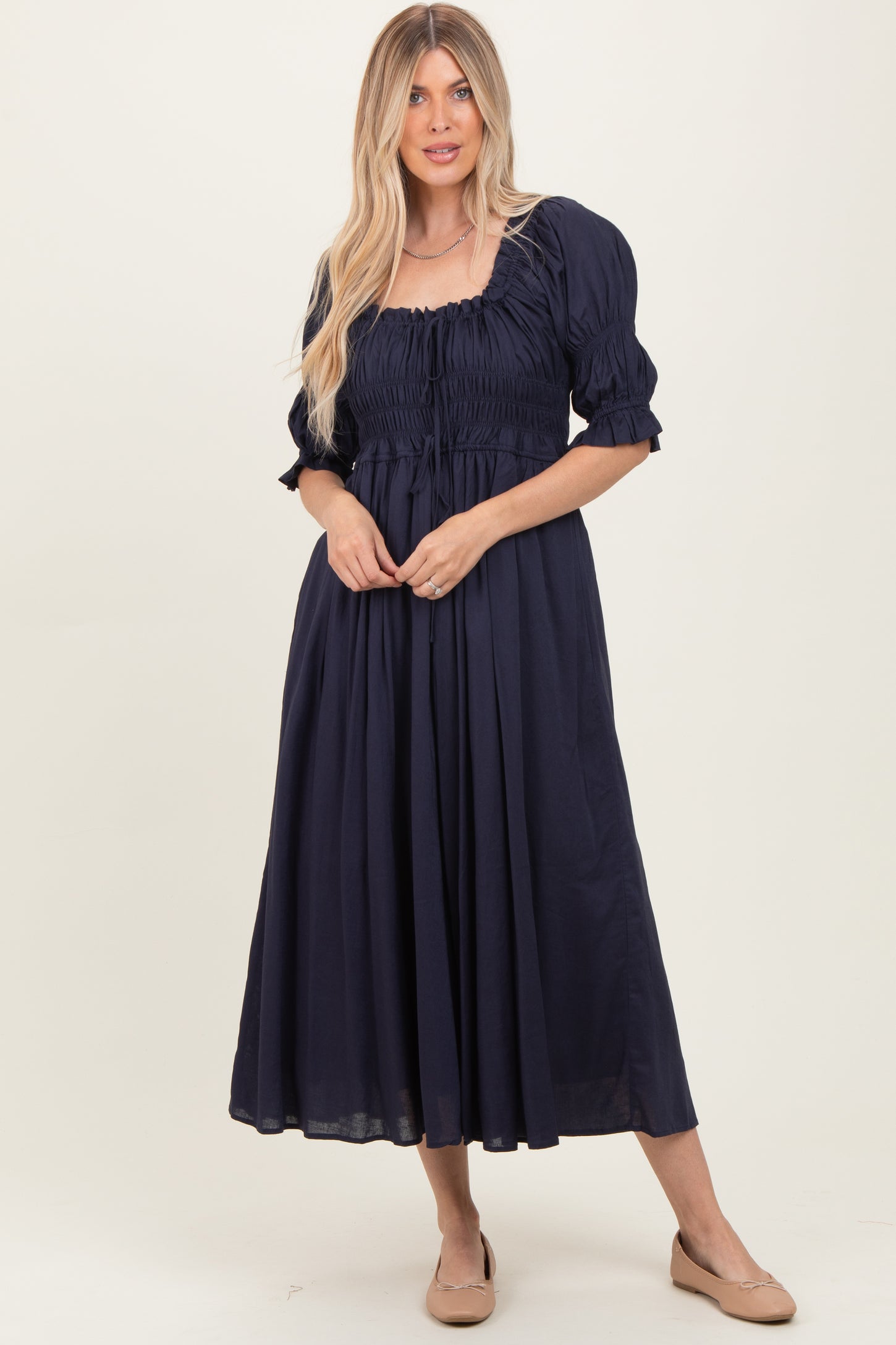 Navy Smocked Ruffle Square Neck Midi Dress – PinkBlush