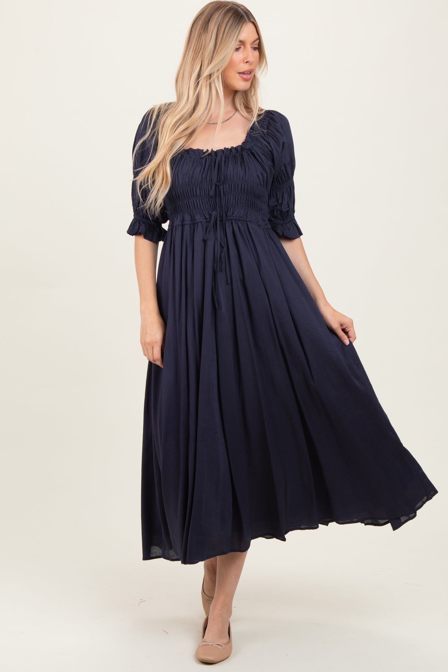 Navy Smocked Ruffle Square Neck Midi Dress