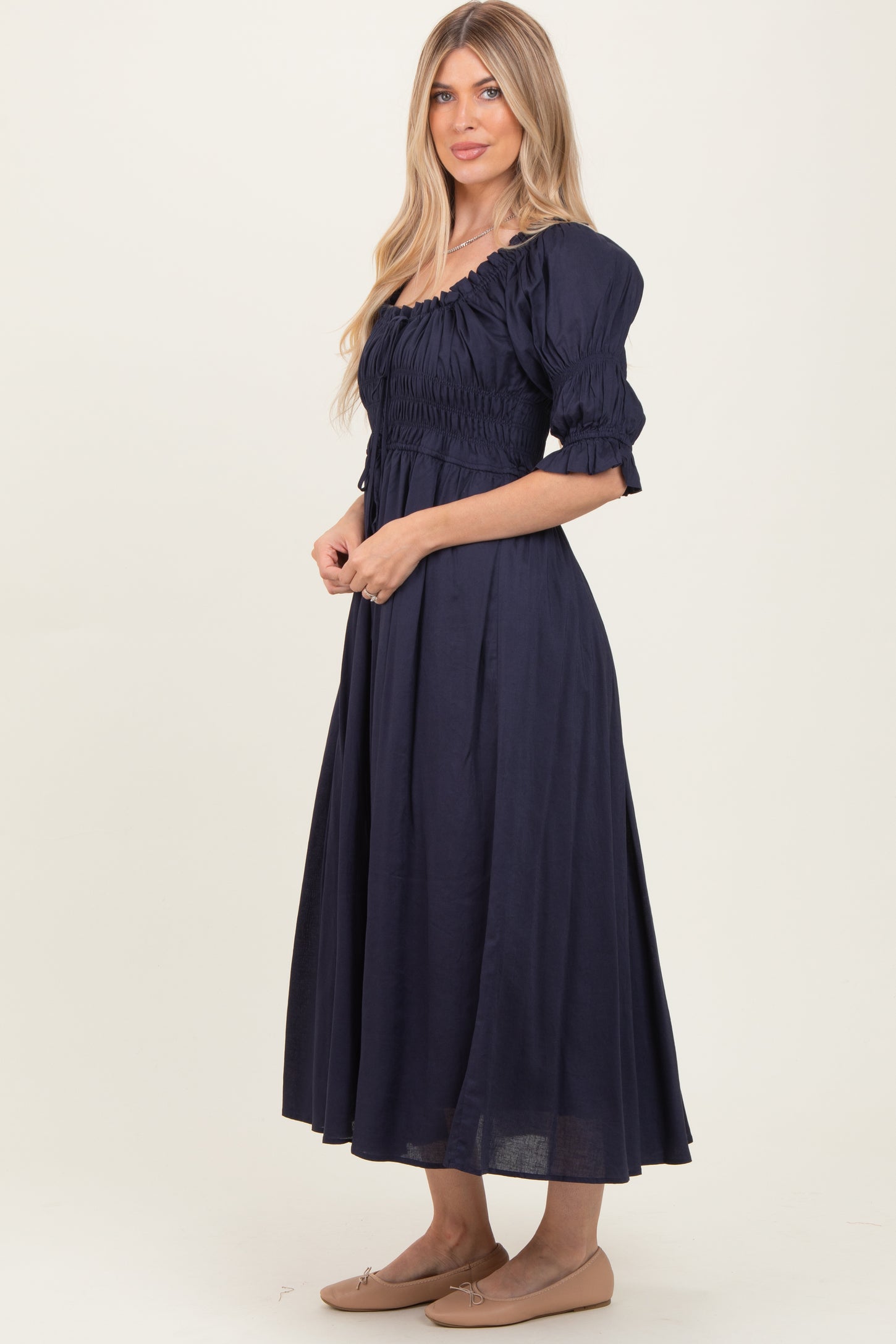 Navy Smocked Ruffle Square Neck Midi Dress – PinkBlush