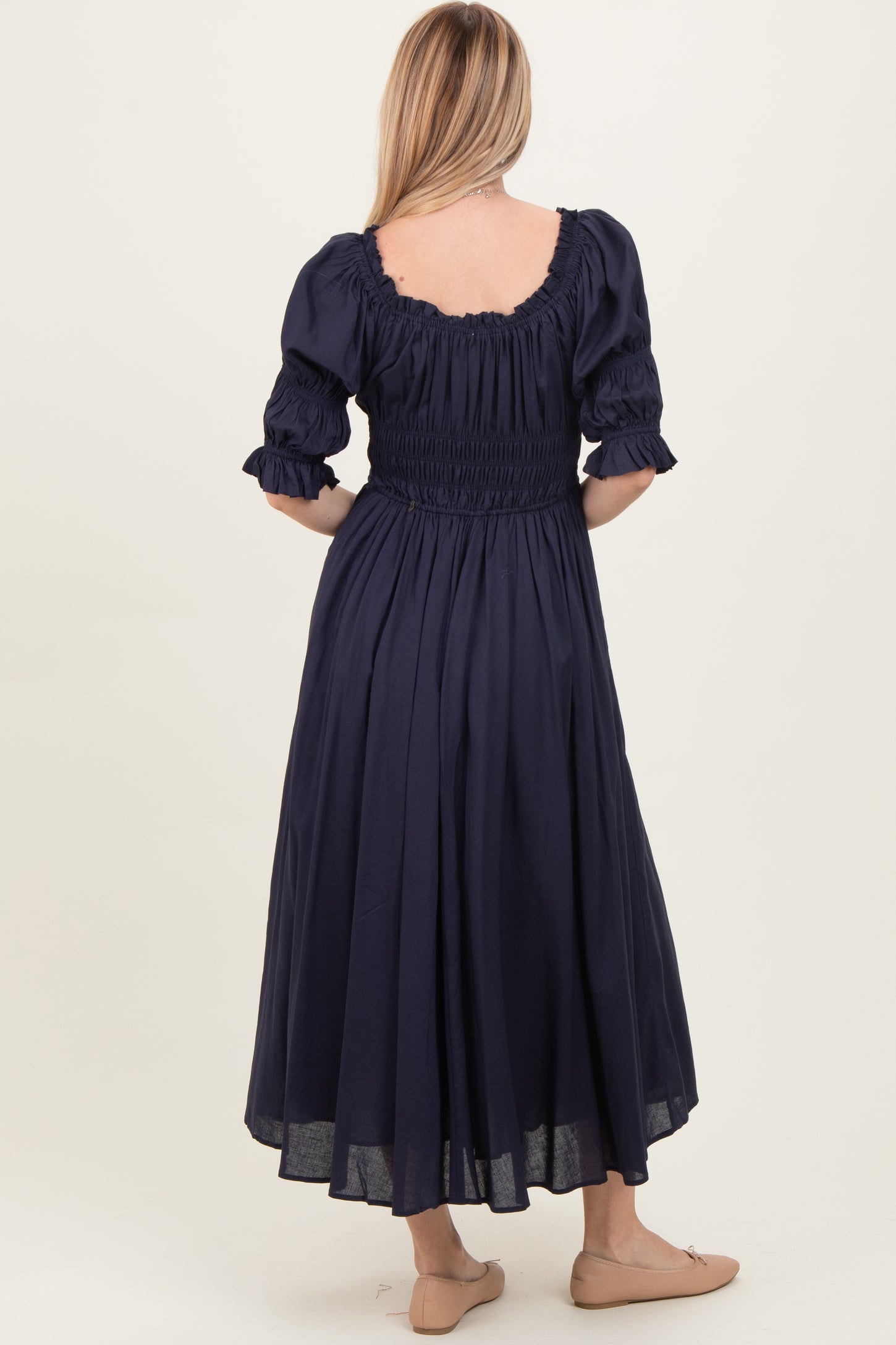Navy Smocked Ruffle Square Neck Midi Dress – PinkBlush