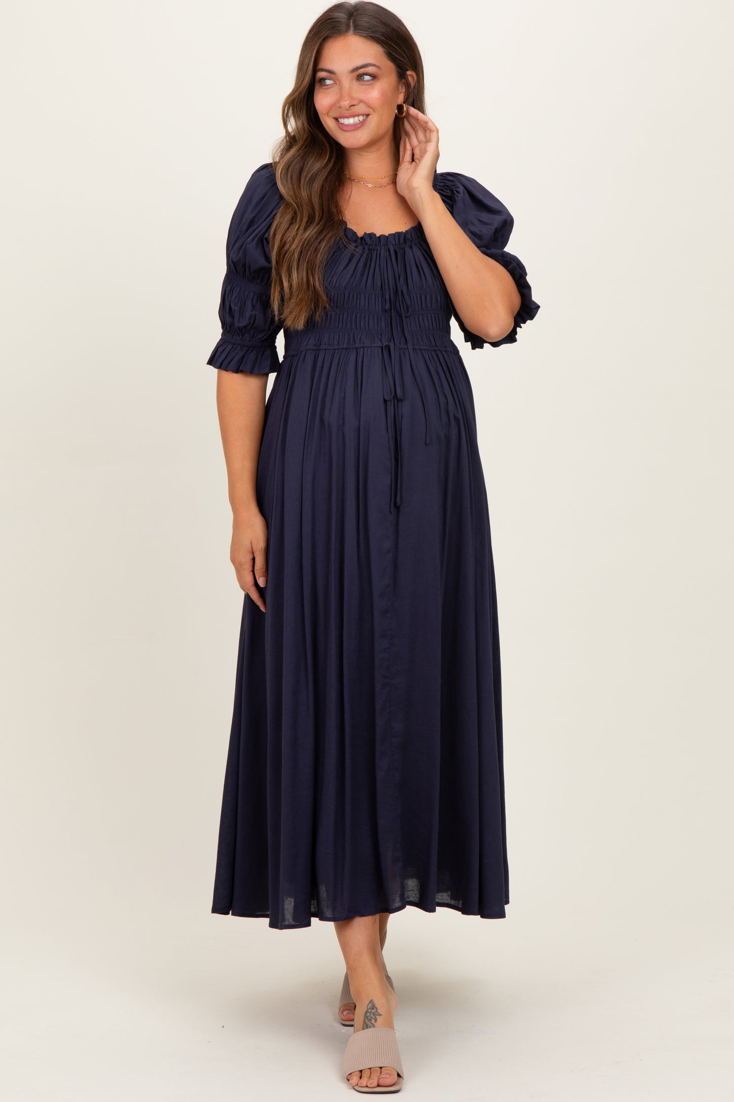 Navy Smocked Ruffle Square Neck Maternity Midi Dress