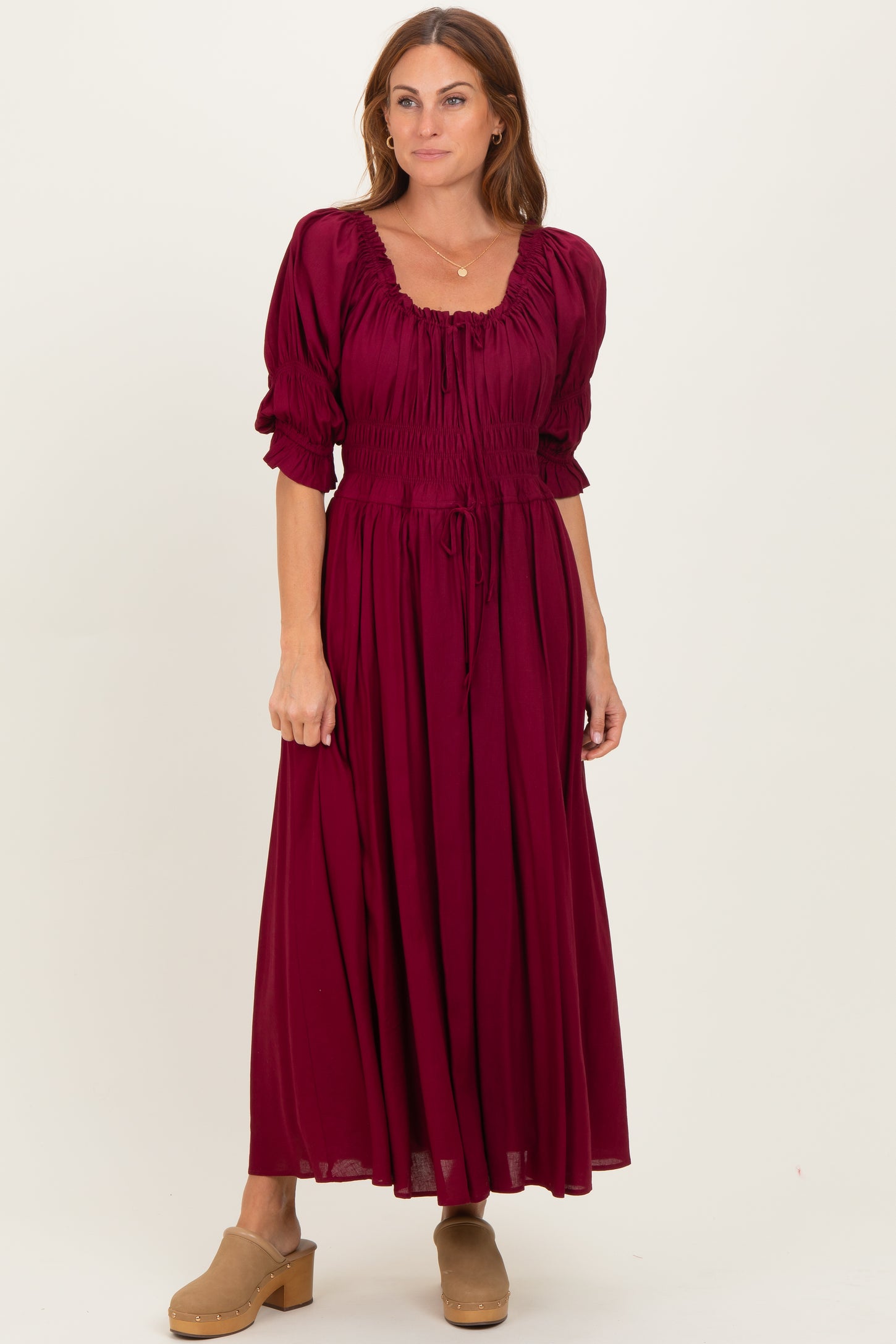 Burgundy Smocked Ruffle Square Neck Midi Dress