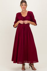 Burgundy Smocked Ruffle Square Neck Maternity Midi Dress