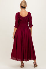 Burgundy Smocked Ruffle Square Neck Maternity Midi Dress