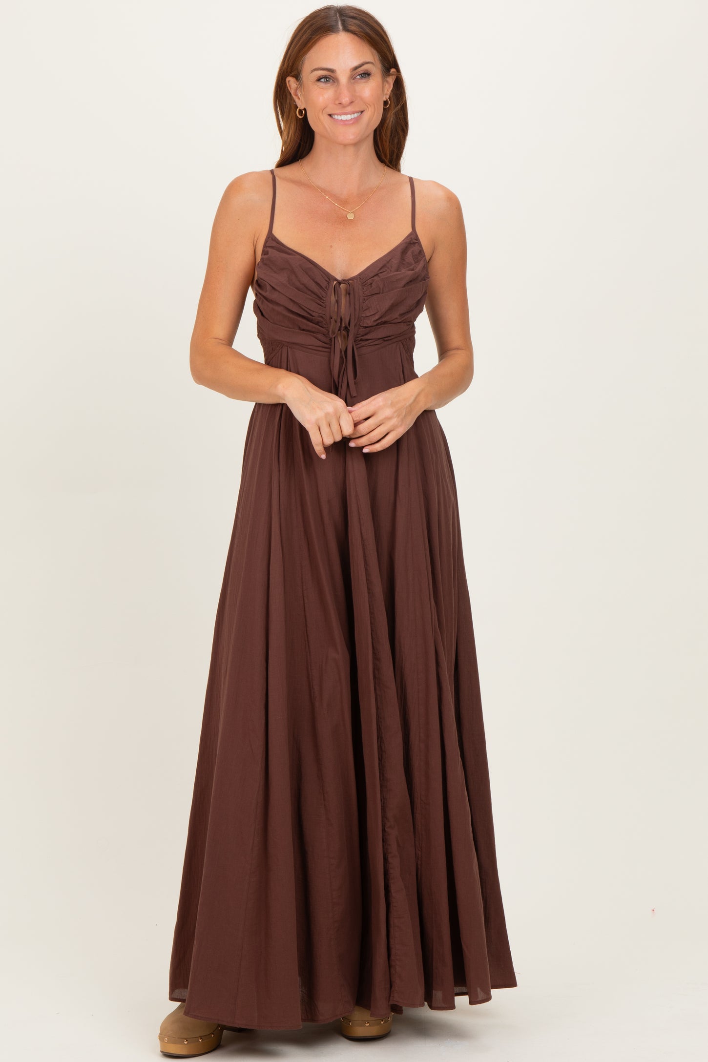 brown front tie dress Cowl Neck Draped Front Tie Back Maxi Dress In Brown | EGO US