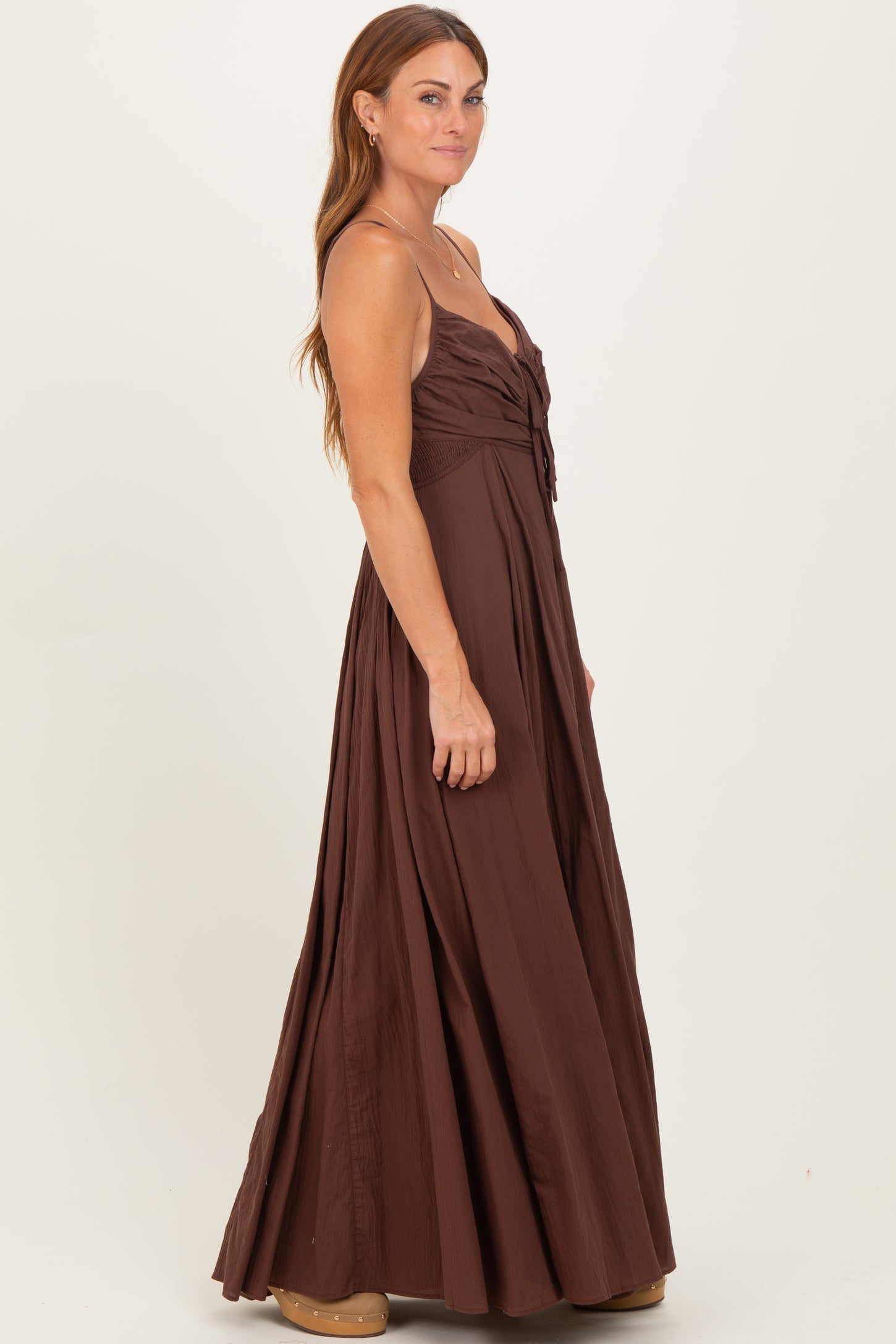 Burgundy Gathered Tie Front Maxi Dress