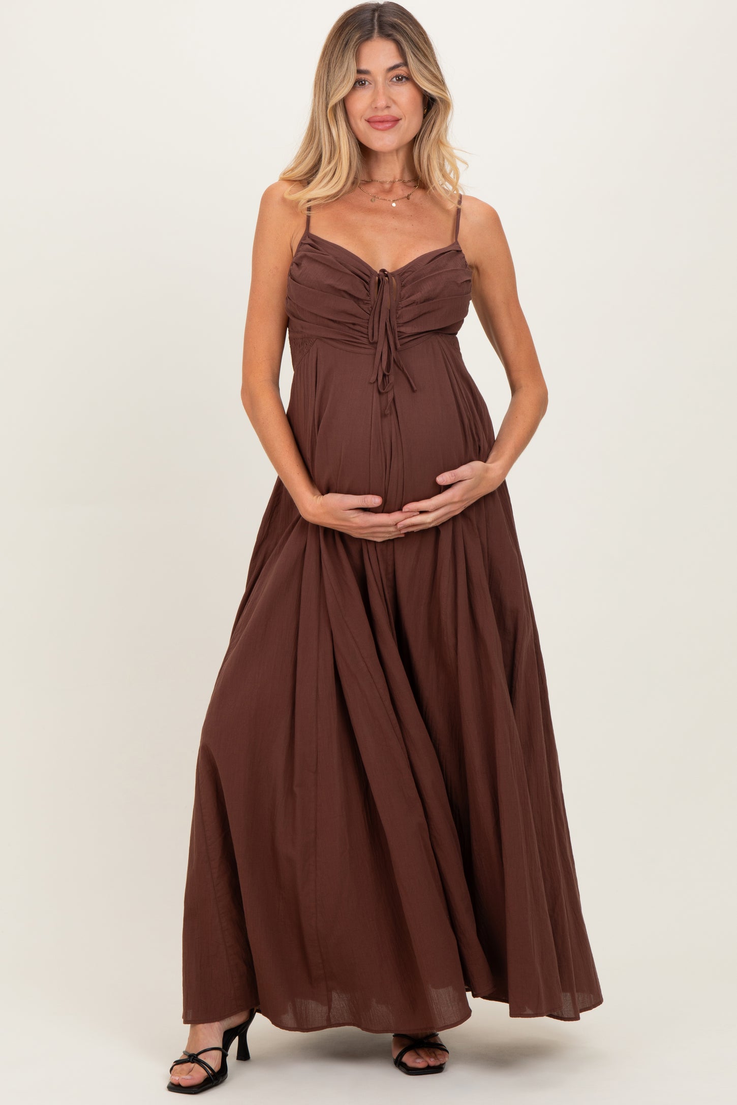 Brown Gathered Tie Front Maternity Maxi Dress PinkBlush Brown Gathered Tie Front Maternity Maxi Dress PinkBlush