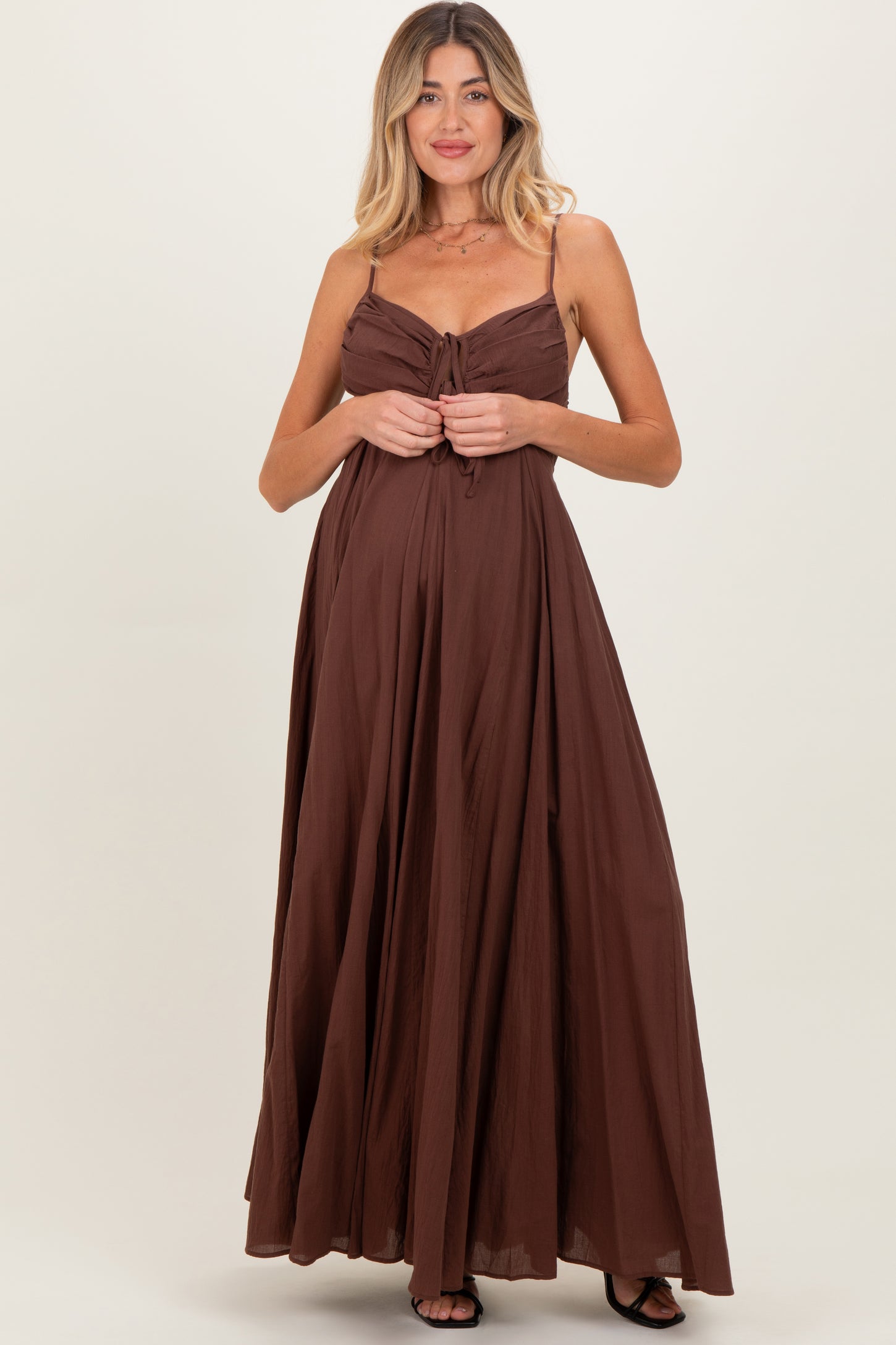 Brown Gathered Tie Front Maternity Maxi Dress PinkBlush Brown Gathered Tie Front Maternity Maxi Dress PinkBlush