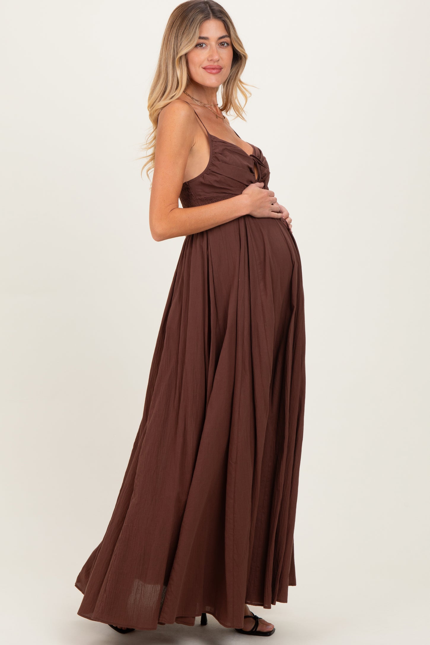 Brown Gathered Tie Front Maternity Maxi Dress PinkBlush Brown Gathered Tie Front Maternity Maxi Dress PinkBlush