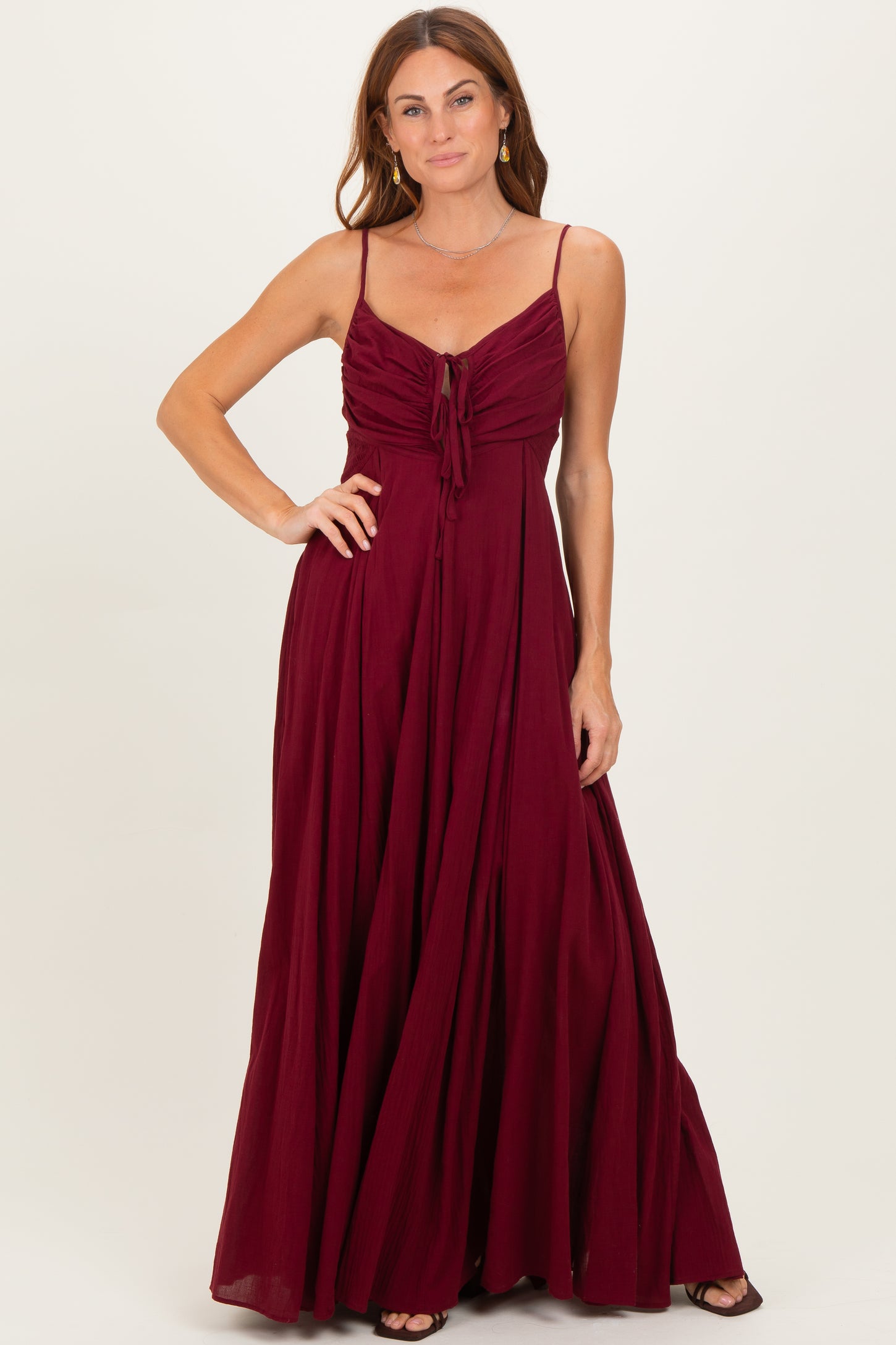 Burgundy Gathered Tie Front Maternity Maxi Dress – PinkBlush