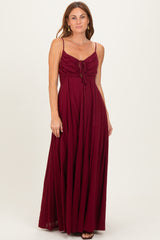 Burgundy Gathered Tie Front Maxi Dress