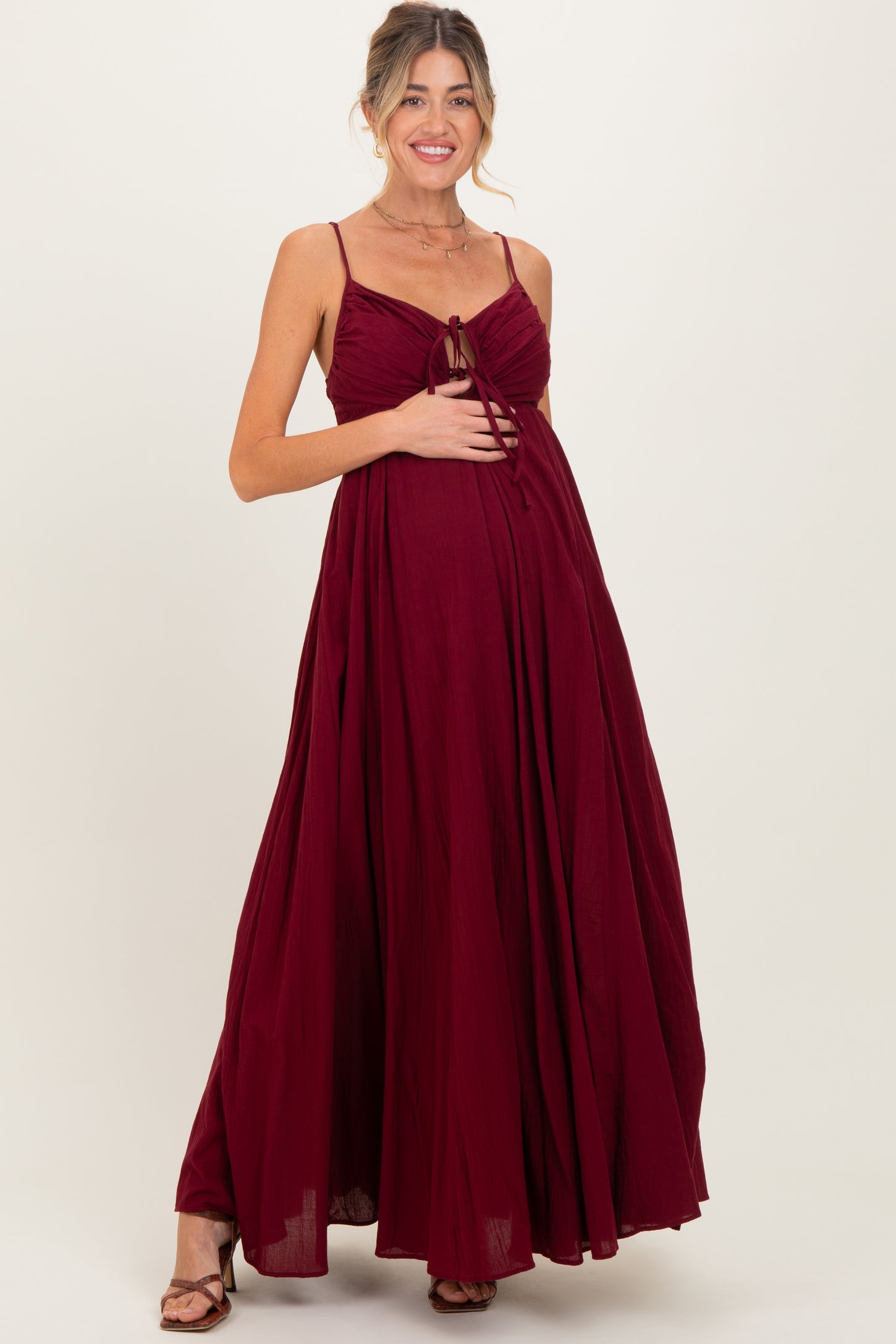 Burgundy Gathered Tie Front Maternity Maxi Dress – PinkBlush