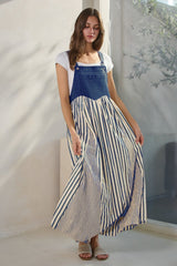 Blue Striped Colorblock Denim Contrast Maxi Dress