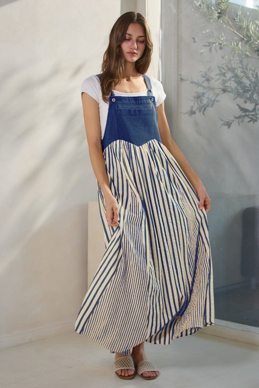 Blue Striped Colorblock Denim Contrast Maternity Maxi Dress