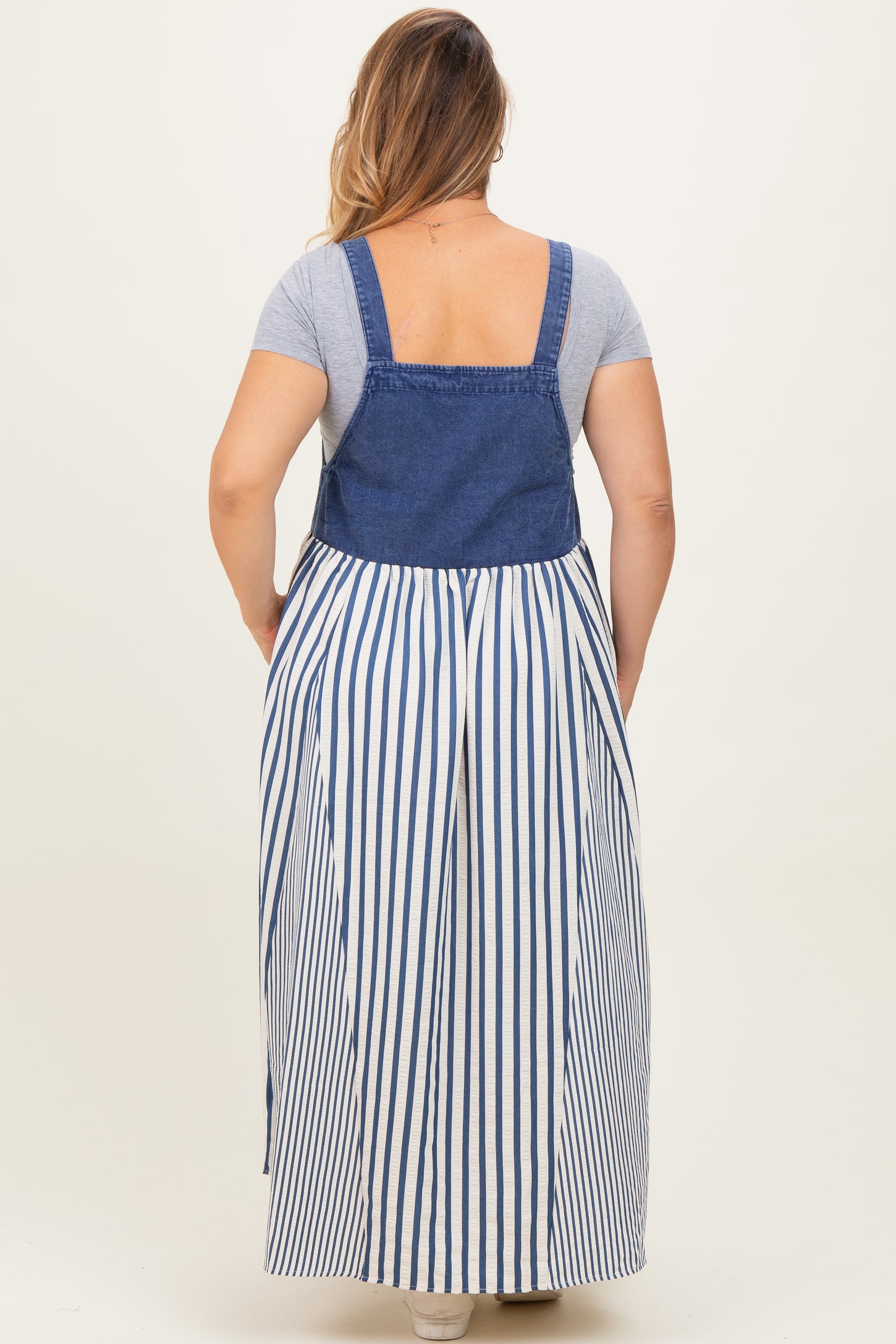 Blue Striped Colorblock Denim Contrast Maternity Plus Maxi Dress