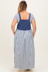 Blue Striped Colorblock Denim Contrast Maternity Plus Maxi Dress