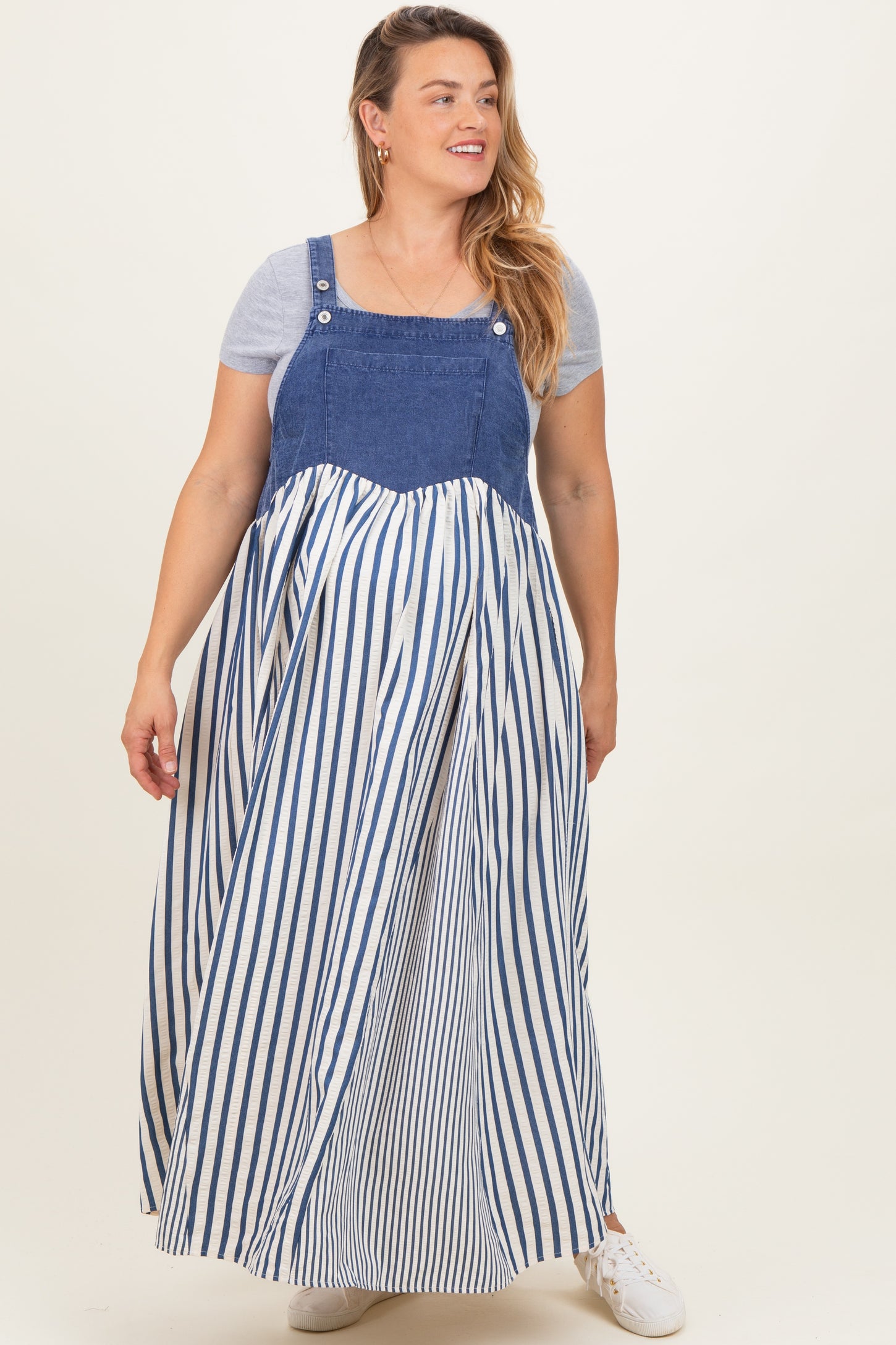 Blue Striped Colorblock Denim Contrast Maternity Plus Maxi Dress
