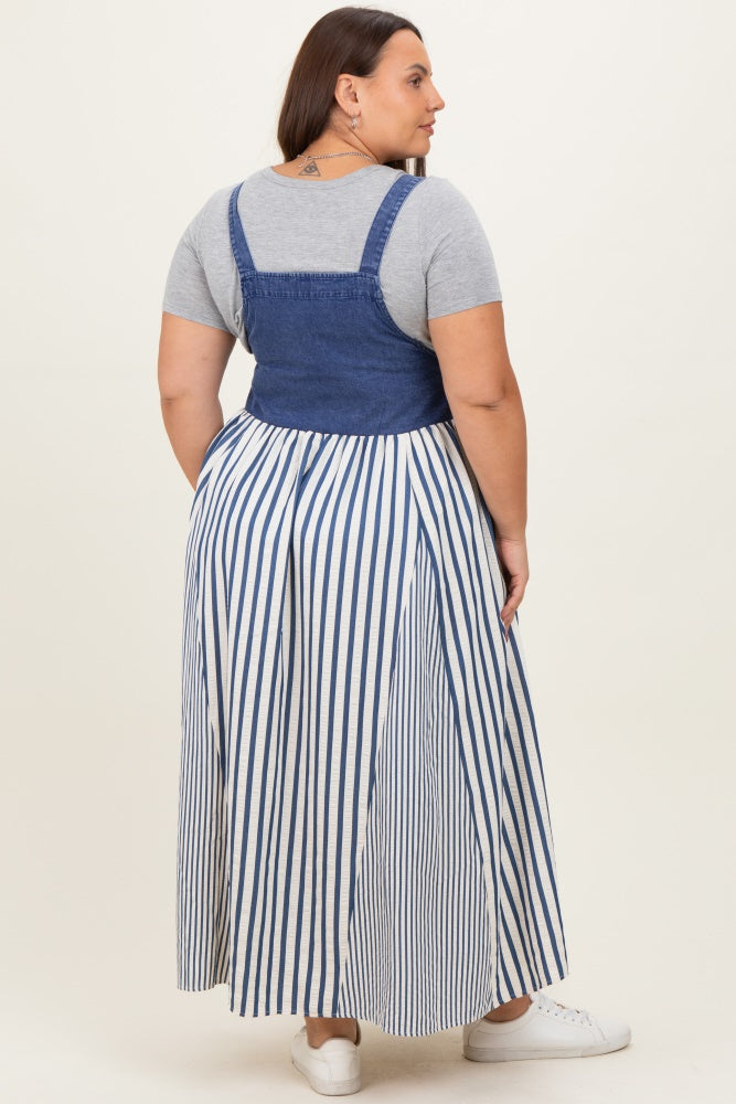 Blue Striped Colorblock Denim Contrast Plus Maxi Dress