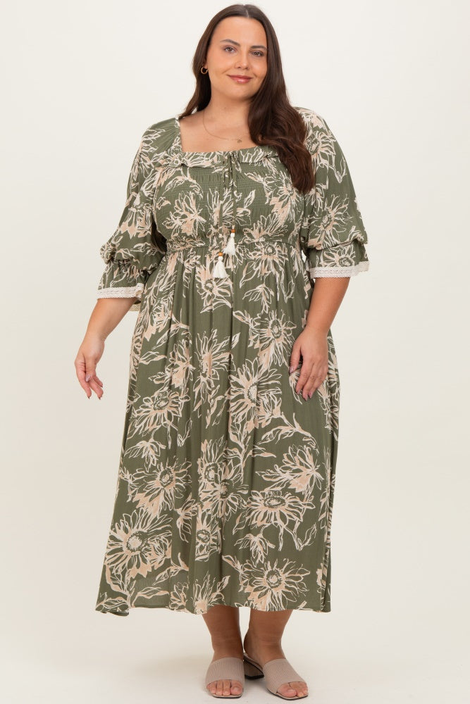 floral midi dress 3/4 sleeve Olive Floral Button 3/4 Long Sleeve Midi Dress