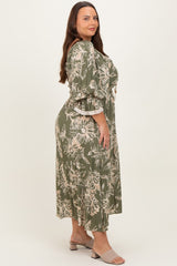 Olive Floral Smocked 3/4 Sleeve Plus Midi Dress