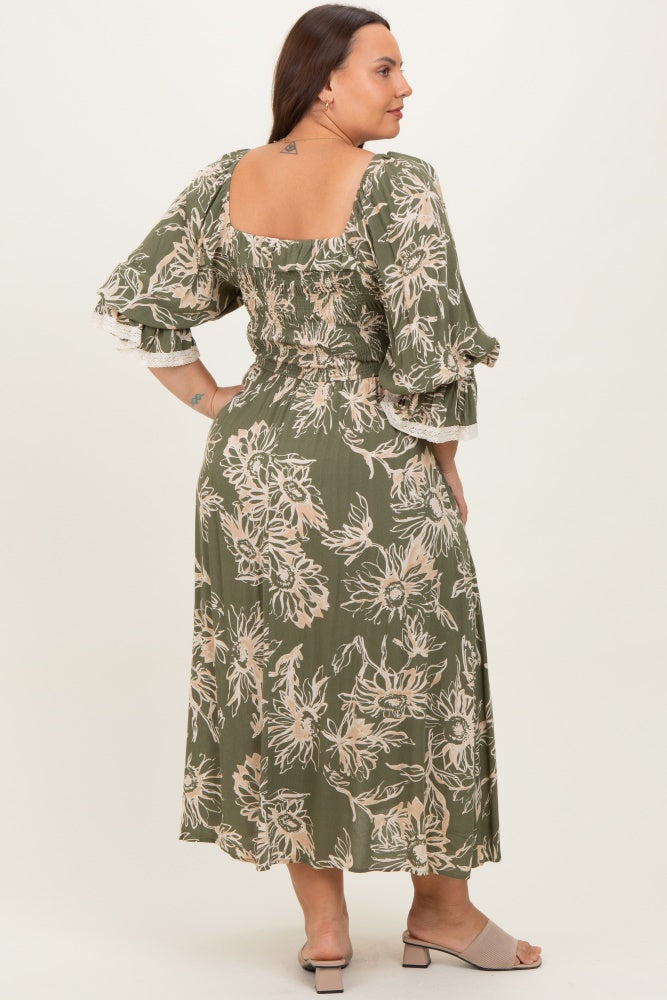 floral midi dress 3 4 sleeve It's In The Air Olive Green Floral 3/4 Sleeve Midi Dress Shop the Mint