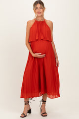 Red Pleated Woven Maternity Midi Dress