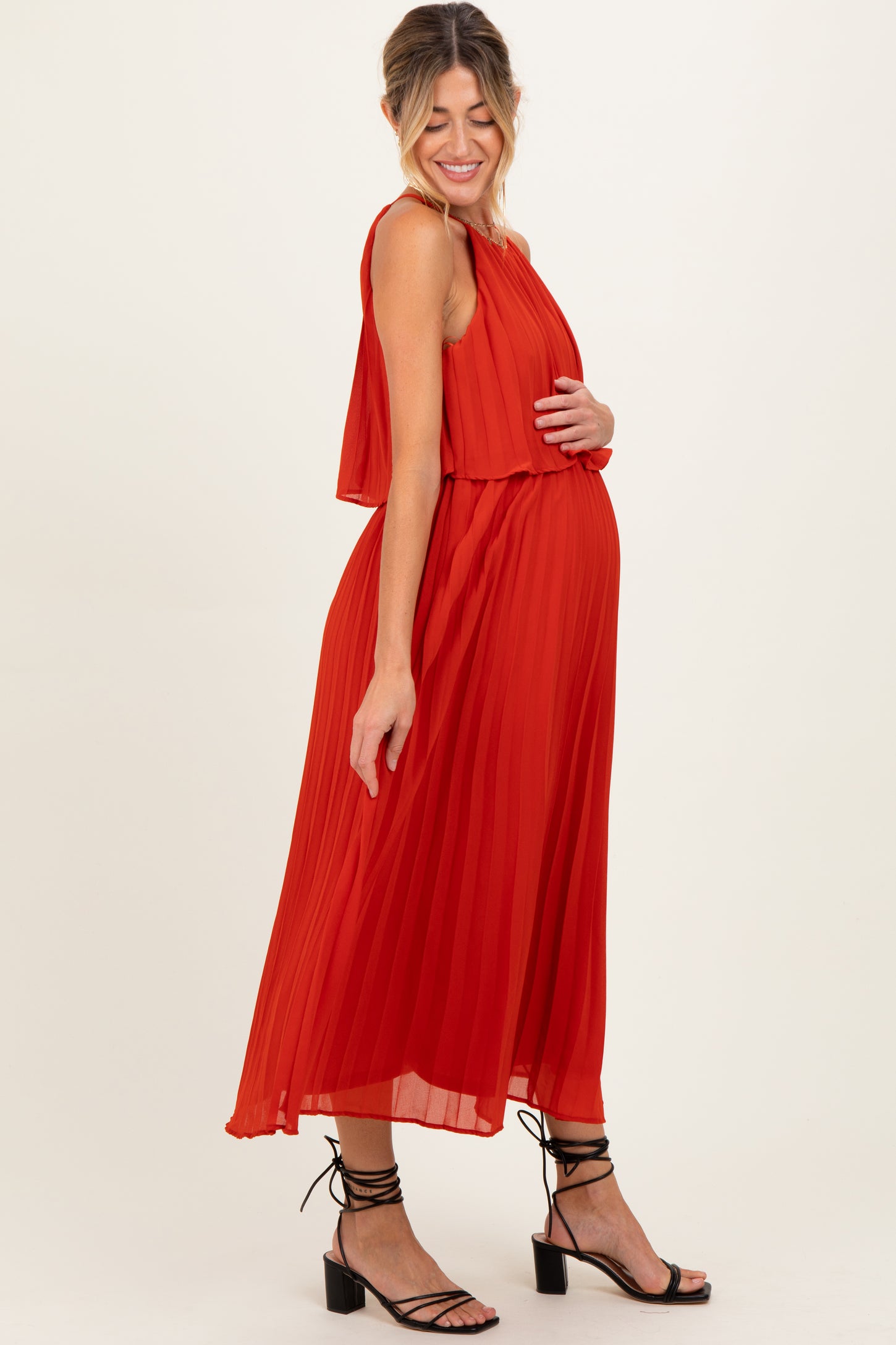 Red Pleated Woven Maternity Midi Dress