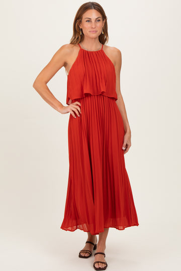 Red Pleated Woven Midi Dress