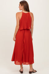 Red Pleated Woven Midi Dress