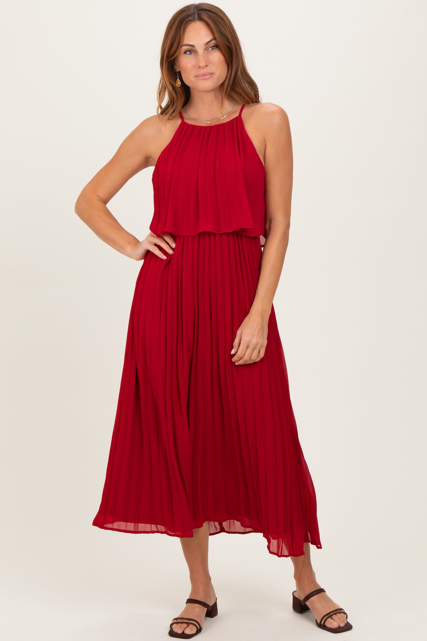 Burgundy Pleated Woven Midi Dress Burgundy Pleated Woven Midi Dress