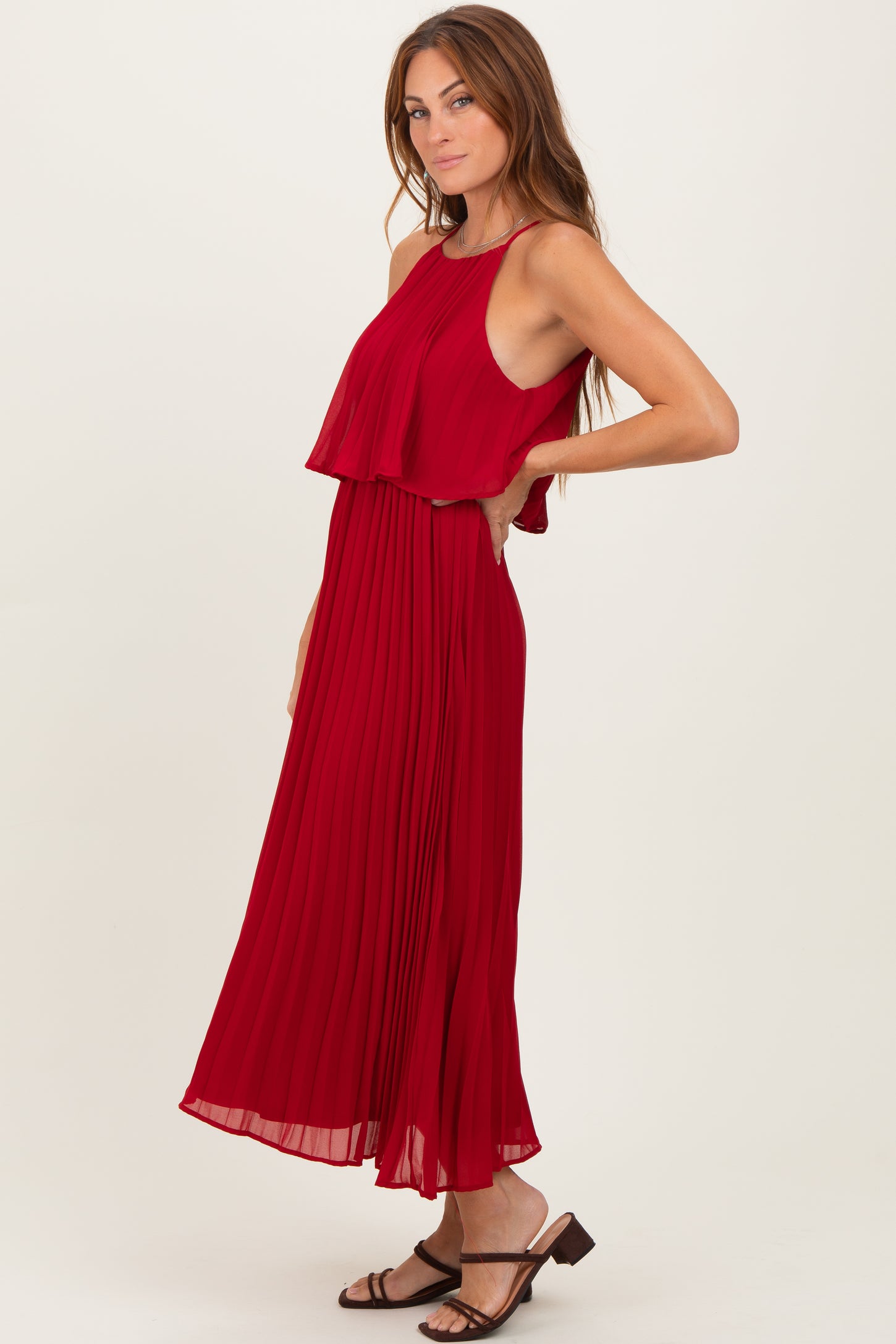 Burgundy Pleated Woven Midi Dress