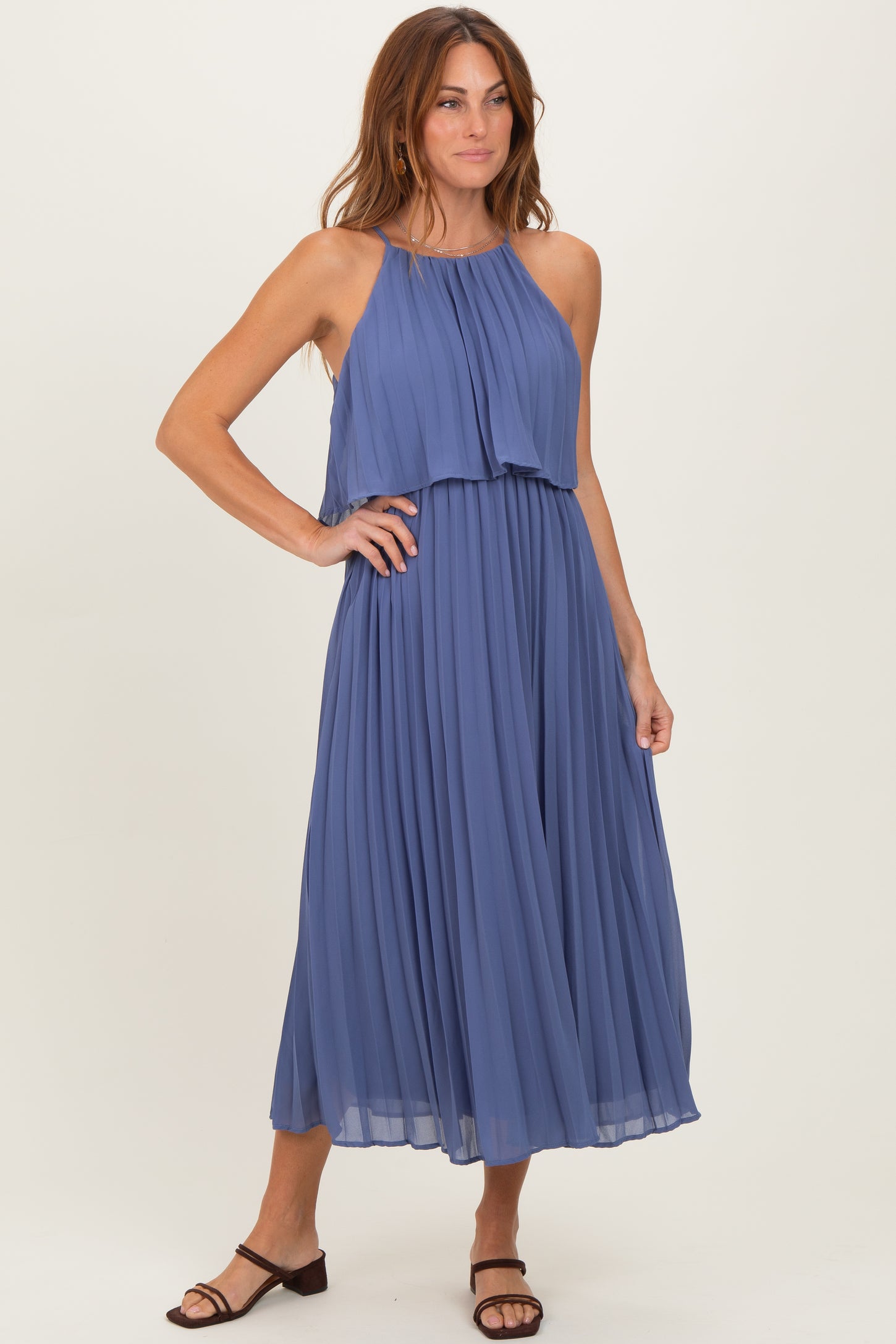 Light Navy Pleated Woven Midi Dress PinkBlush Light Navy Pleated Woven Midi Dress PinkBlush