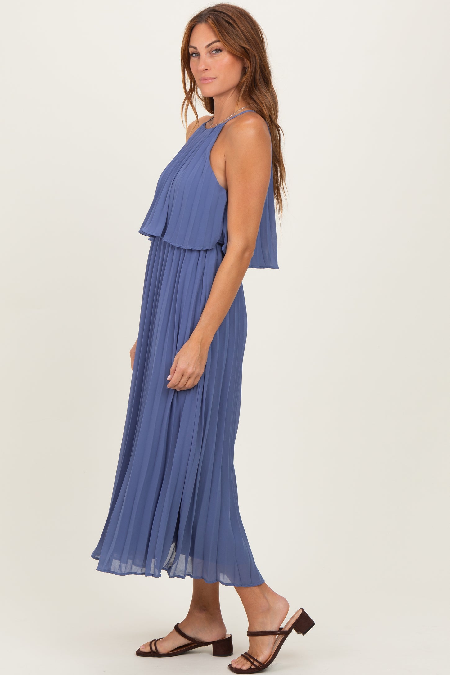 Light Navy Pleated Woven Midi Dress