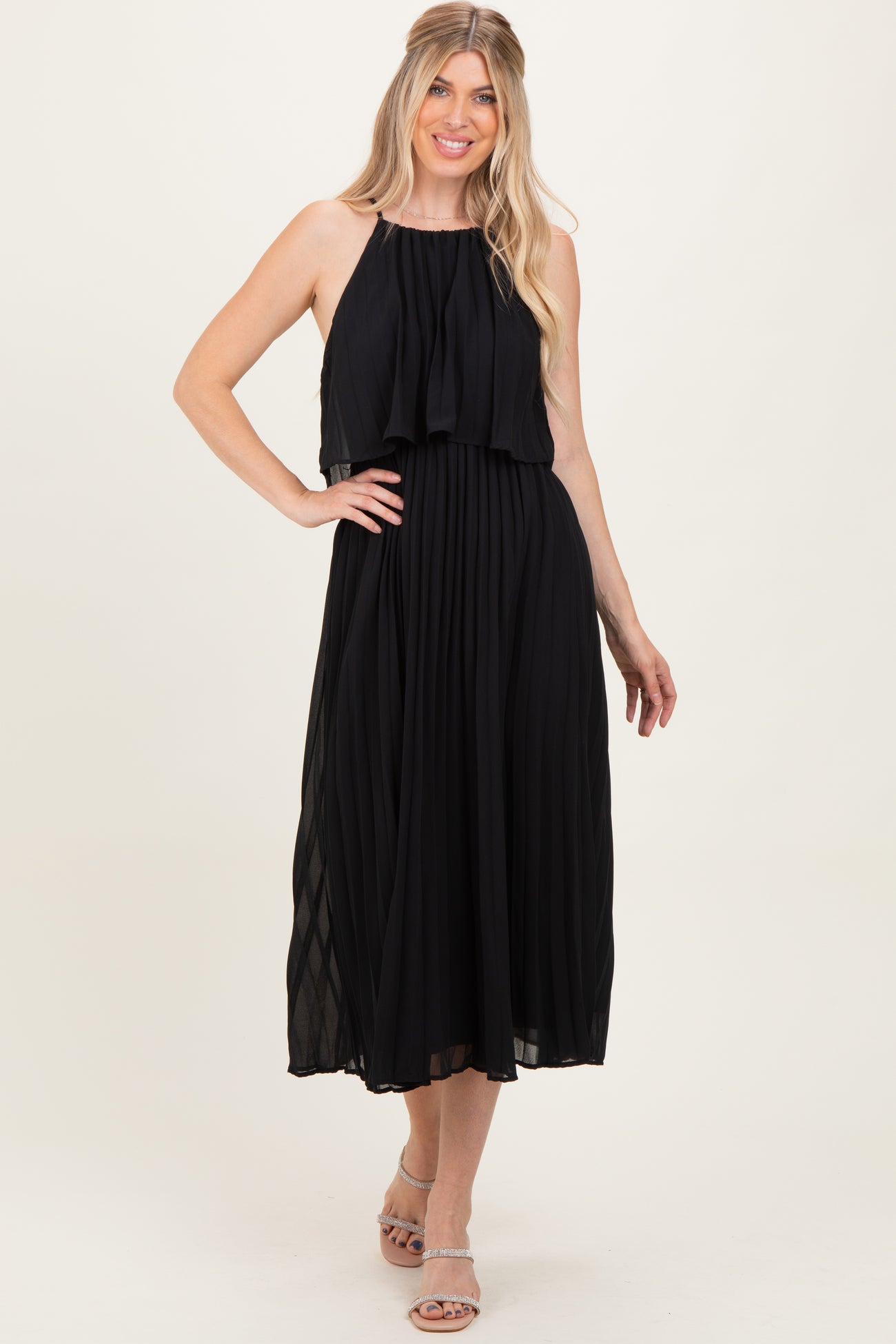 black pleated midi dress Emersyn Dress, Small this refined silhouette moves with effortless grace from day to night Black Pleated Woven Midi Dress
