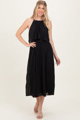 Black Pleated Woven Midi Dress