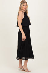 Black Pleated Woven Midi Dress