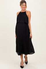 Black Pleated Woven Maternity Midi Dress