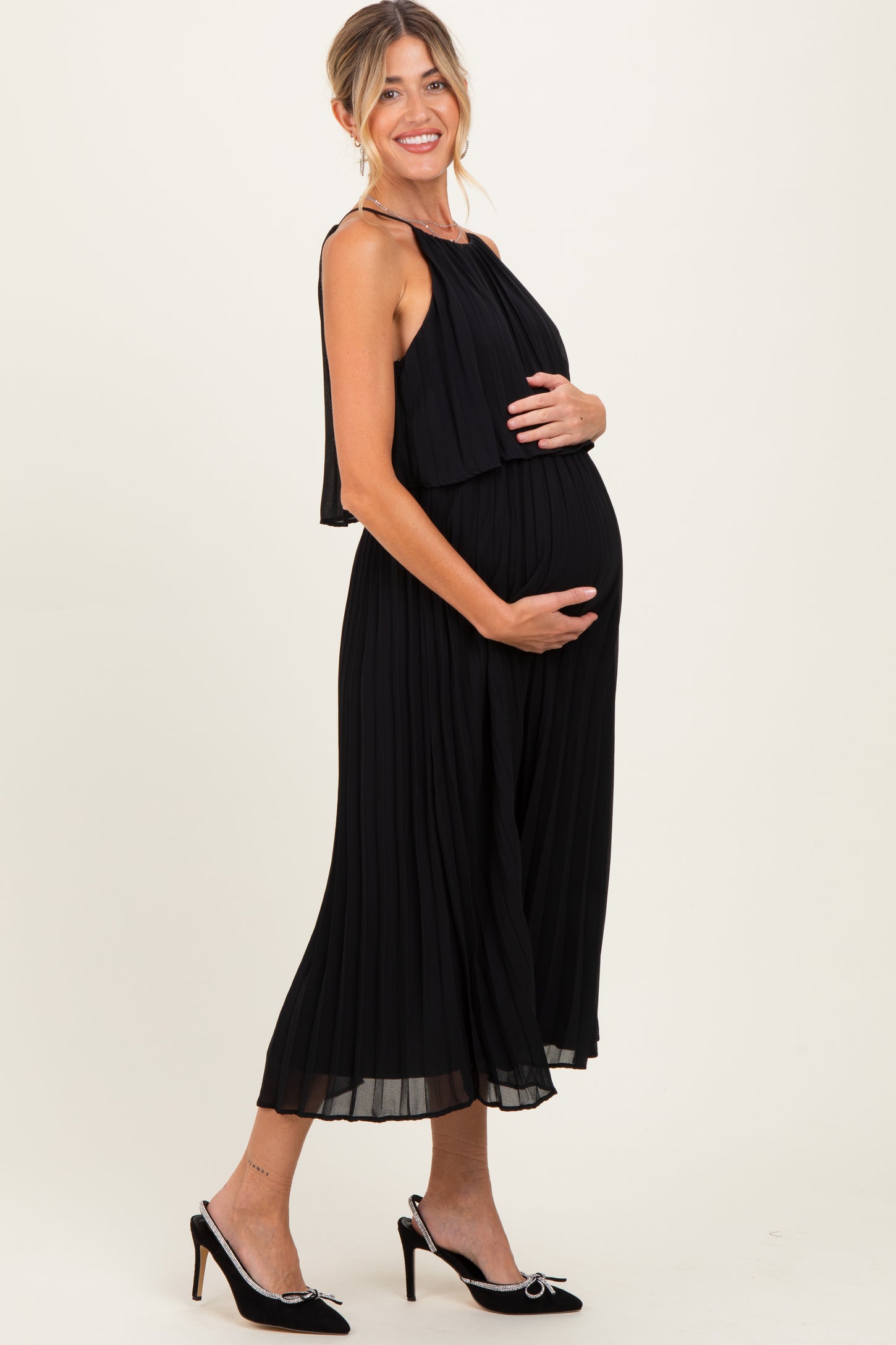 Black Pleated Woven Maternity Midi Dress