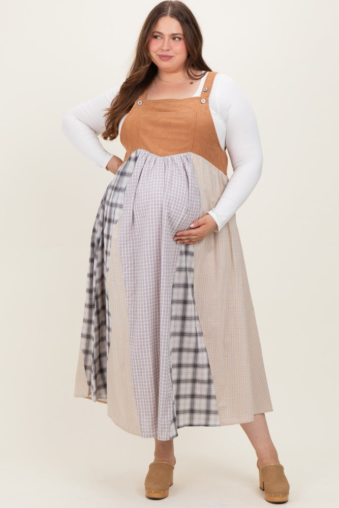 Mocha Multicolor Colorblock Plaid Denim Overall Plus Maternity Dress