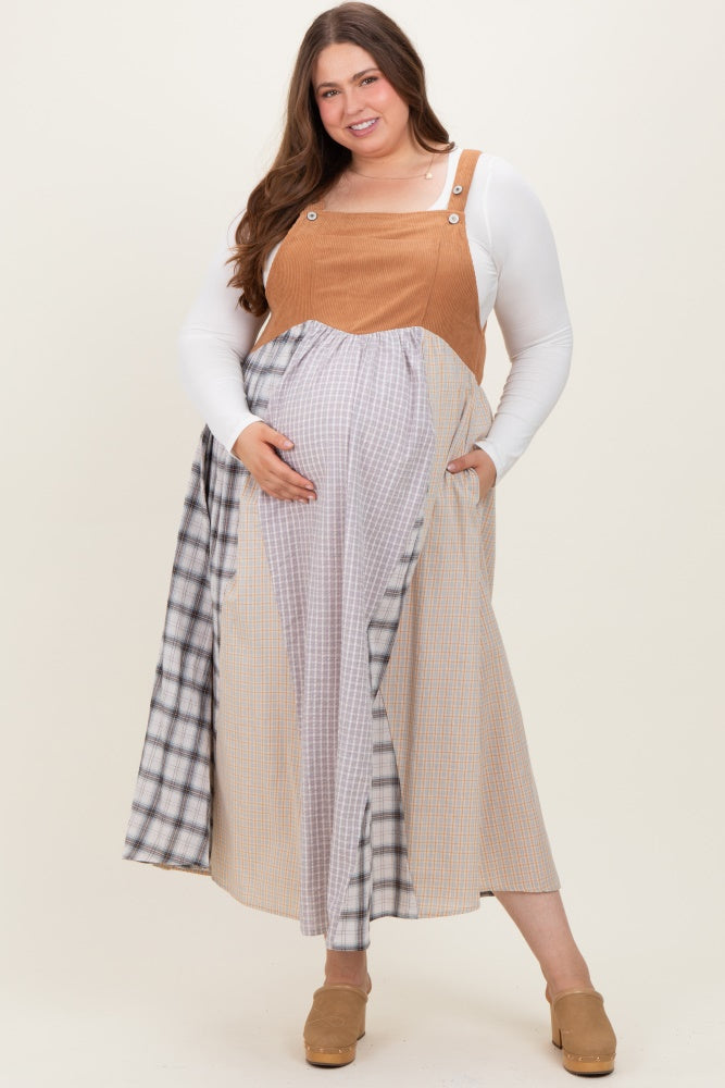Mocha Multicolor Colorblock Plaid Denim Overall Plus Maternity Dress