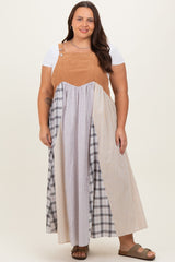 Mocha Multicolor Colorblock Plaid Denim Overall Plus Maternity Dress