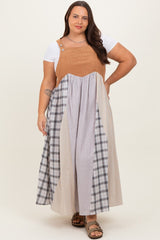 Mocha Multicolor Colorblock Plaid Denim Overall Plus Dress