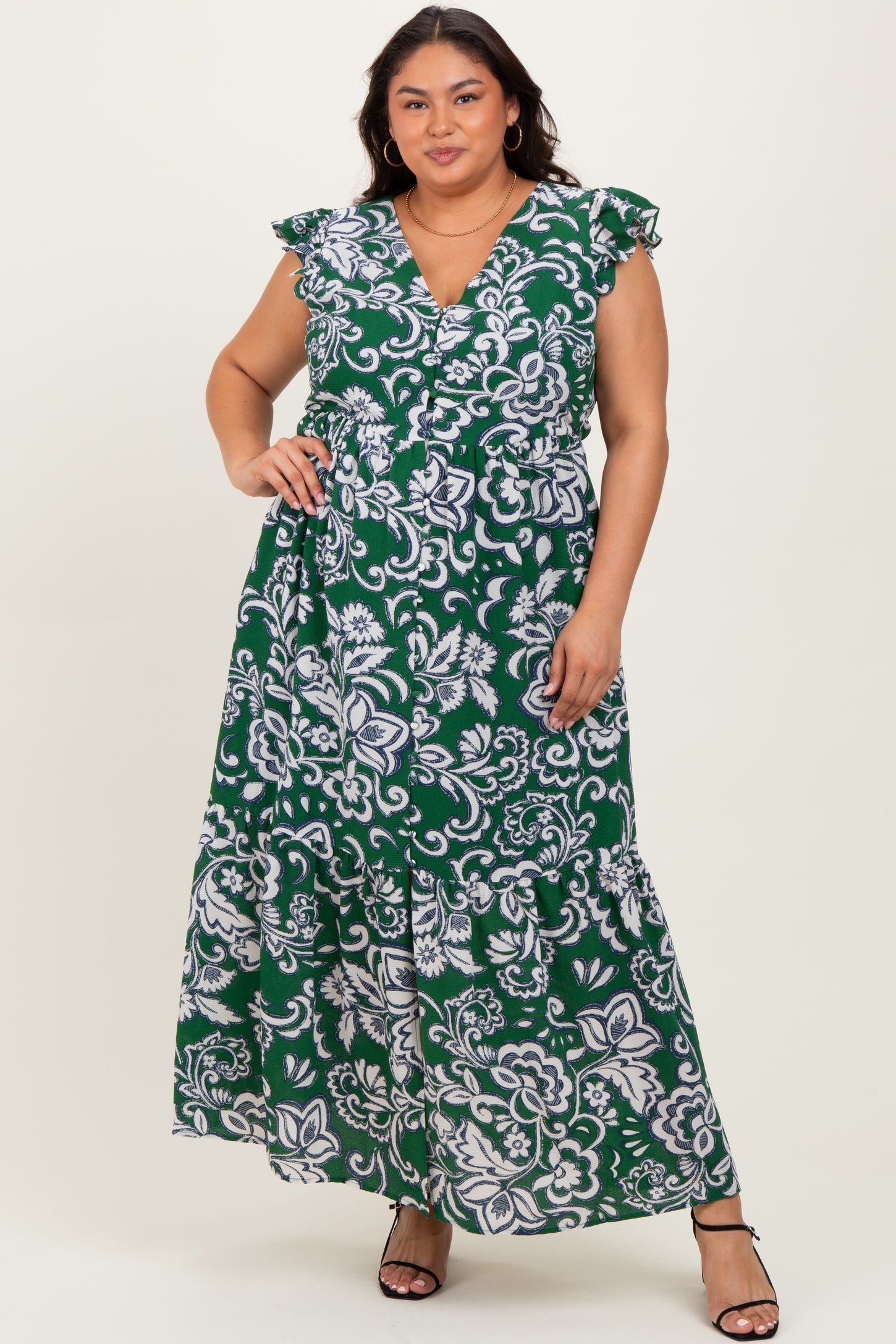 Cream-Green Floral Button Down Plus Maxi Dress PinkBlush Cream-Green Floral Button Down Plus Maxi Dress PinkBlush