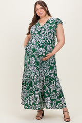 Cream-Green Floral Button Down Plus Maternity Maxi Dress