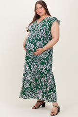 Cream-Green Floral Button Down Plus Maternity Maxi Dress