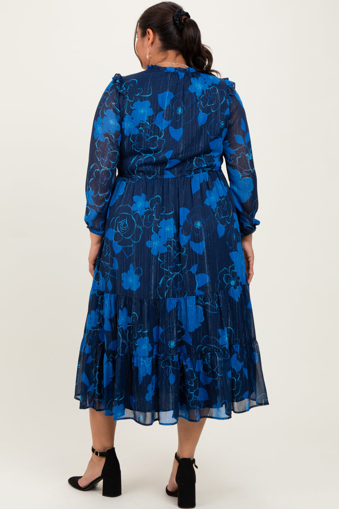 Navy Blue Floral Tiered Plus Midi Dress