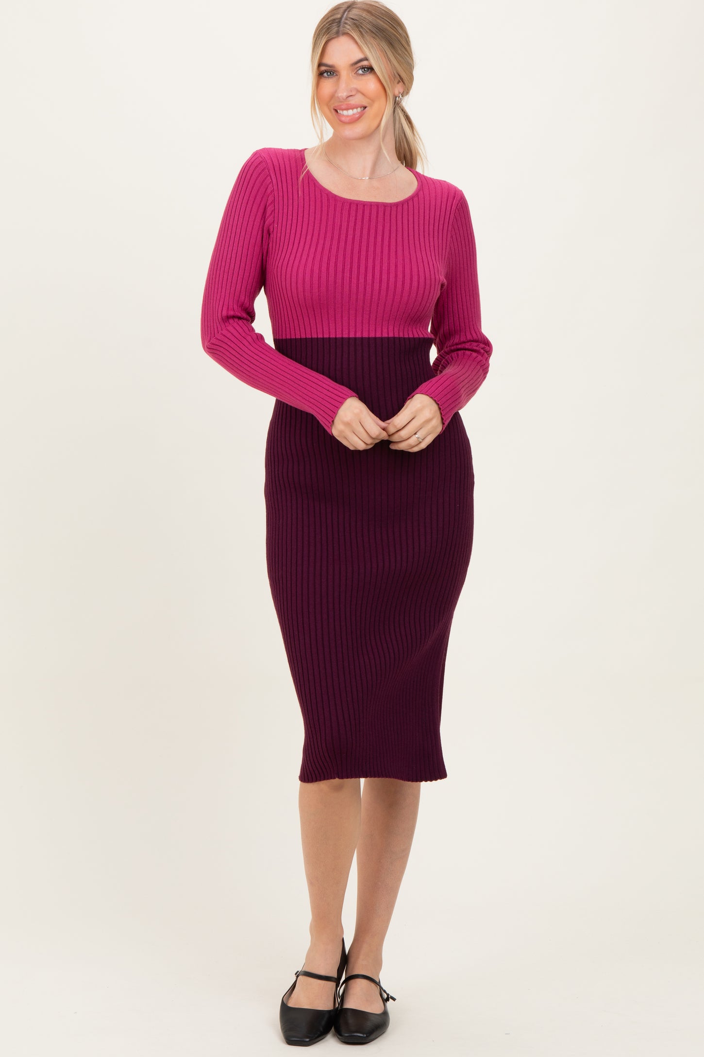Magenta Knit Colorblock Long Sleeve Midi Dress