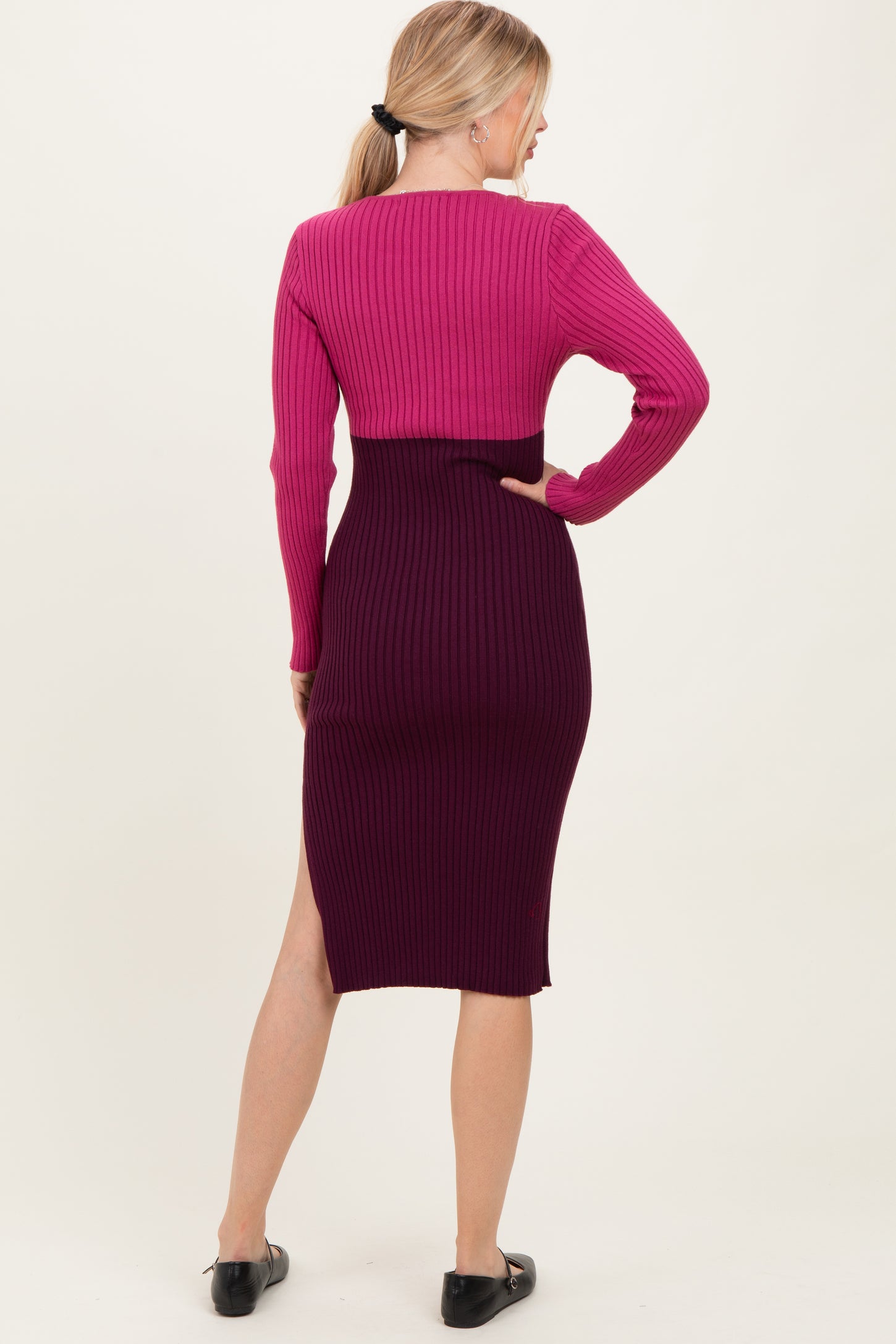 Magenta Knit Colorblock Long Sleeve Midi Dress