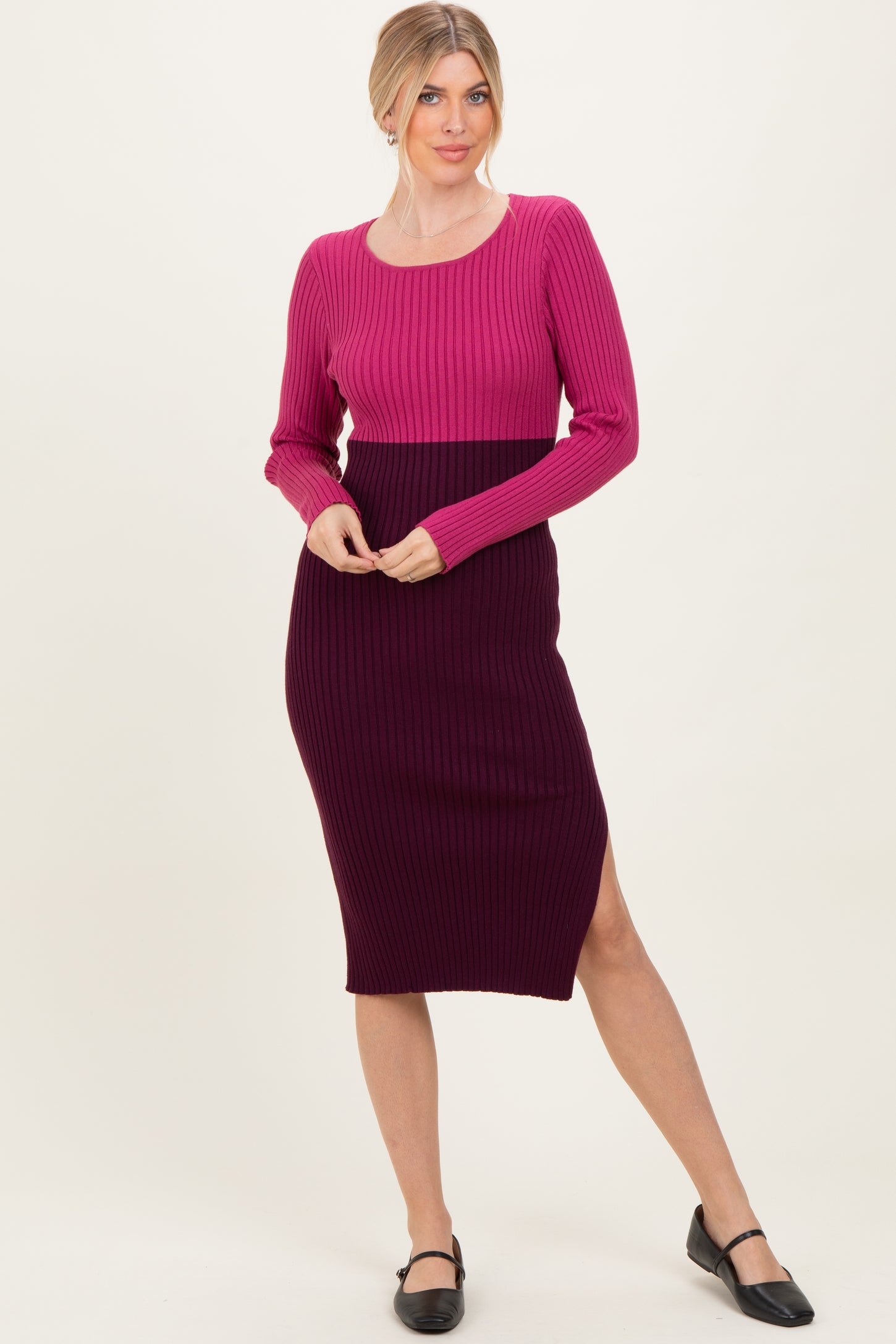 Magenta Knit Colorblock Long Sleeve Maternity Midi Dress