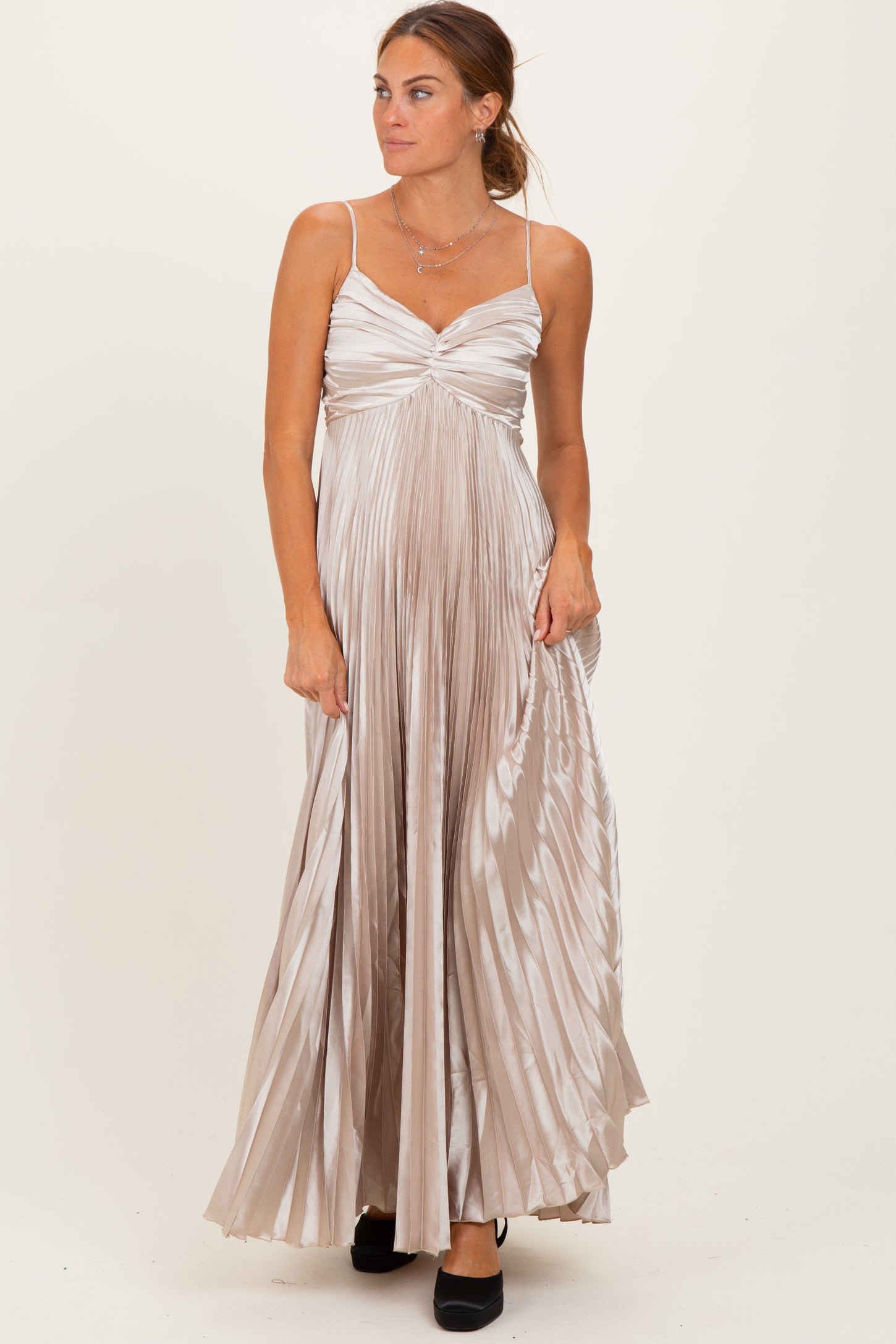 Beige Pleated Satin Sleeveless Maxi Dress